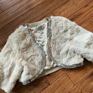 Lord & Taylor Ivory Rabbit Fur Cropped Jacket with Sequin Trim, size L/XL